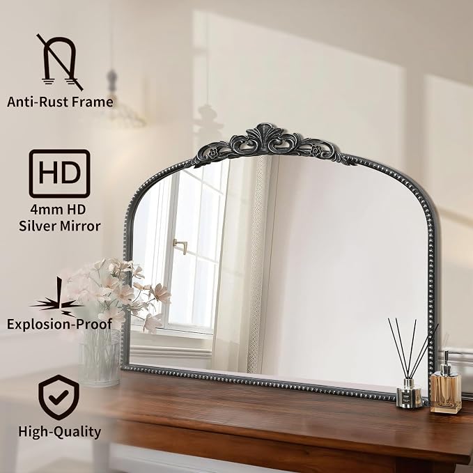 Micasso Vintage Wall Black Mirror: 32"x24" French Baroque Antique Mirror - Traditional Ornate Decorative Arched for Wall/Bathroom/Entryway/Fireplace/Hallway - Home Decor for Living Room