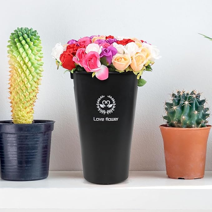 4 Pcs Plastic 15.95 inch High Flower Buckets with Cut-Out Handles, French Rustic Farmhouse for Cut Flowers, Decorative Vases