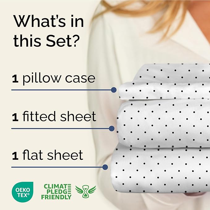 Blue Polka Dots Bed Sheet Set – 1 Flat & 1 Fitted Sheet & 1 Pillowcase w/ Deep Pockets – Polka Dot Bedding - Wrinkle & Fade Resistant - Soft, Breathable & Cooling - Comfy, Luxury Bed Set - Twin XLSize