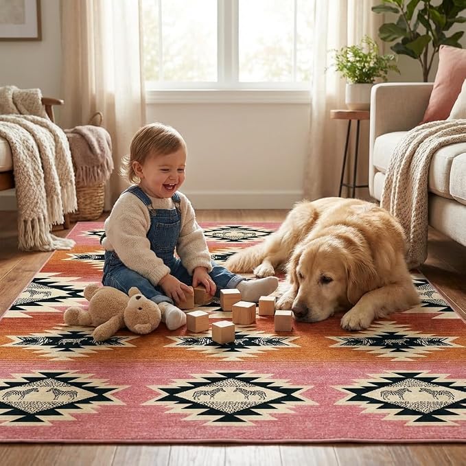 5x7 Area Rugs for Living Room: Blush Pink & Terracotta Tribal Southwestern Zebra Geometric Area Rug Washable Non-Slip Backing for Living Room Bedroom Leisure Area Decor