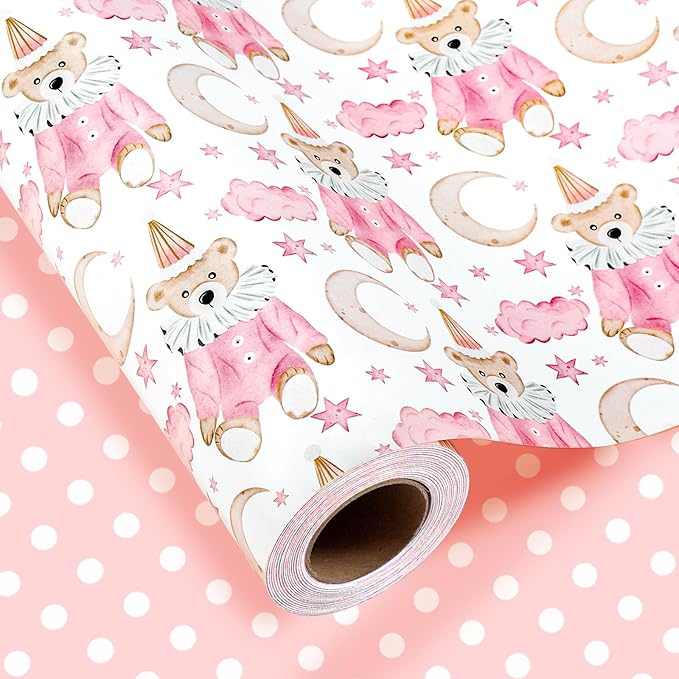 HOMERAL Pink Baby Girl Wrapping Paper Roll - Teddy Bear in Romper & Party Hat with Moon, Star & Cloud Design, Pink Reversible Gift Wrap for Baby Shower, Girls Birthday, Gender Reveal Party - 17 Inch x 33 Feet