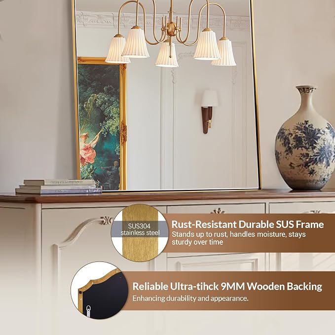 ANDY STAR Arched Mirror, 24 x 38 Inch Gold Vanity Mirror in Stainless Steel Metal Frame, Arch Top Rounded Corner 1 Inch Deep Set Design Wall Mount Hangs Vertical