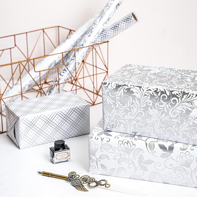 LeZakaa Silver Wrapping Paper Roll, Elegant Metallic Foil Gift Wrap with Floral and Plaid Pattern for Wedding, Anniversary, Birthday, Mothers Day, Bridal Shower, Christmas, 17 x 120 inches, Mini Roll