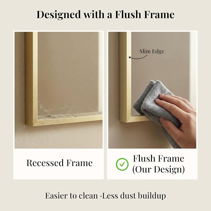 36"x36" Square Gold Bathroom Mirror, Shatterproof Tempered Glass, Brass Tone Large Geometric Mirror, Ultra-Flush Wall-Mounted