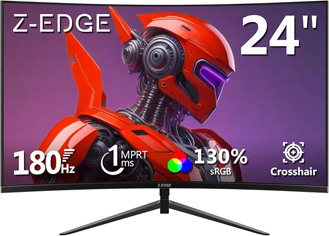 Z-Edge 24 inch Gaming Monitor, 180Hz 165Hz Curved 1650R Computer Monitor, FHD 1080P, Ultra-Fast MPRT 1ms Curved Monitor, 300nits, 16.7M Colors, UG24 1X DP 1.4 Port and 1X 2.1 HDMI Port