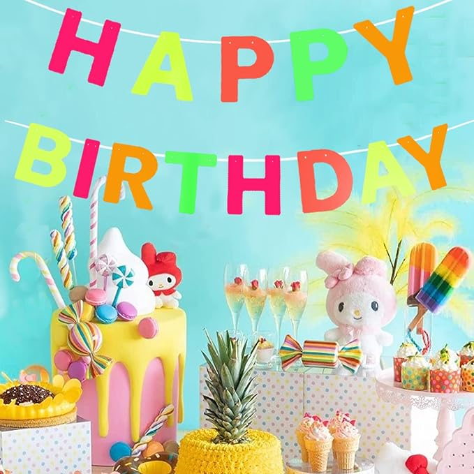 Neon 'Happy Birthday' Banner, UV Glow Party Supplies & Decorations, Neon Color, Letter Print, 118.08 x 8.7 Inches, Birthday Occasion