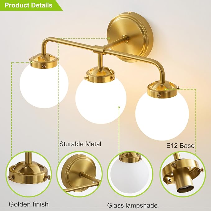 Bathroom Light Fixtures, 18.26'' Gold Vanity Light, Modern Brass 3 Lights Wall Sconce with Milky Glass Globe Shade, Small Bathroom Lighting Fixtures Over Mirror for Bathroom Living Room