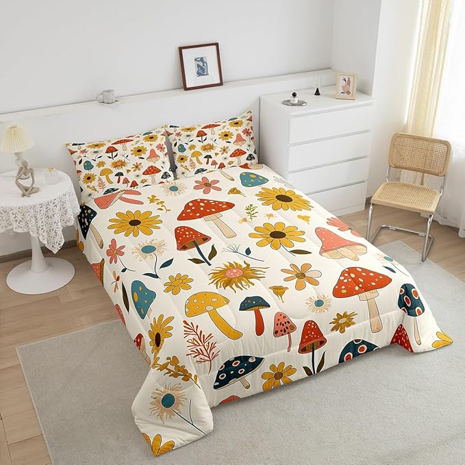 Castle Fairy Retro Mushroom Flowers Bedding Comforters Queen Size,70s 60s Groovy Comforter Set with 2 Pillowcases,Vintage Boho Plant Floral 3pcs Children Adult Duvet Set,Soft