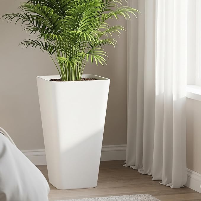 Worth Garden 20" Tall Planters Set of 2 – Large White Tapered Plastic Flower Pots for Indoor & Outdoor Use – Modern Plant Containers with Drainage Holes – Ideal for Front Porch, Patio, Balcony