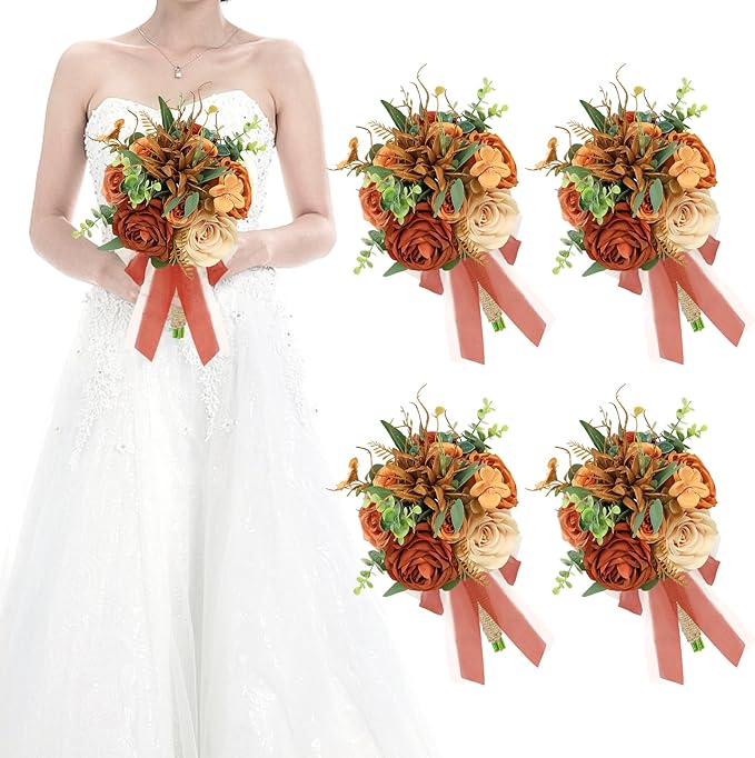Set of 4 Bridesmaid Bouquets for Wedding - 9 Inch Artificial Flowers Bouquets for Ceremony Anniversary Centerpieces Decorations - Terracotta