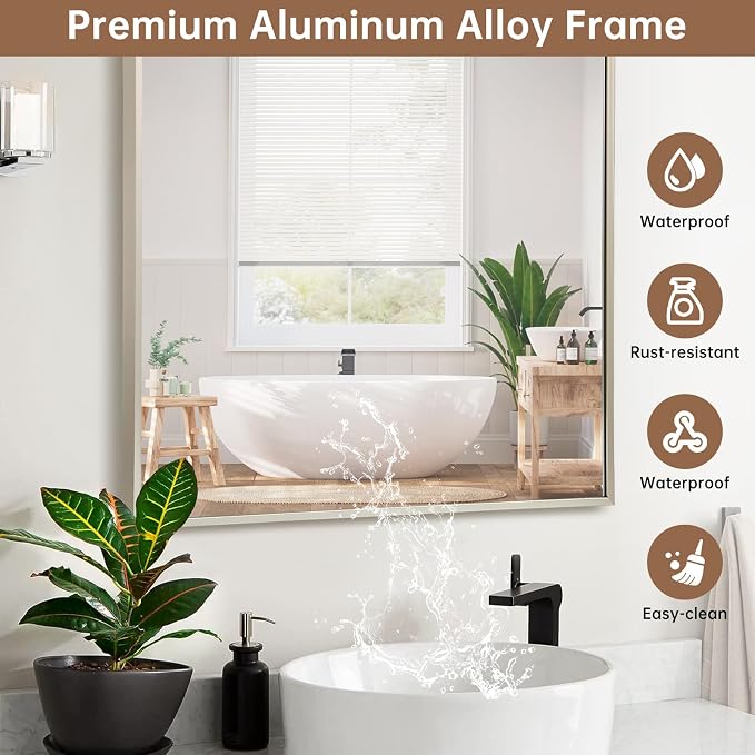 Brushed Nickel Bathroom Mirror, 24"x36" Rectangle Mirror, Brushed Mirror, Metal Frame Square Corner Vanity Mirror, Wall Mounted Mirror for Modern, Living Room, Bedroom, Horizontal Or Vertical