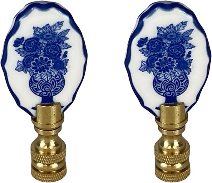 Royal Designs, Inc. Porcelain Oval Birds Design Finial for Lamp Shade, Polished Brass, Blue & White, Pack of 2