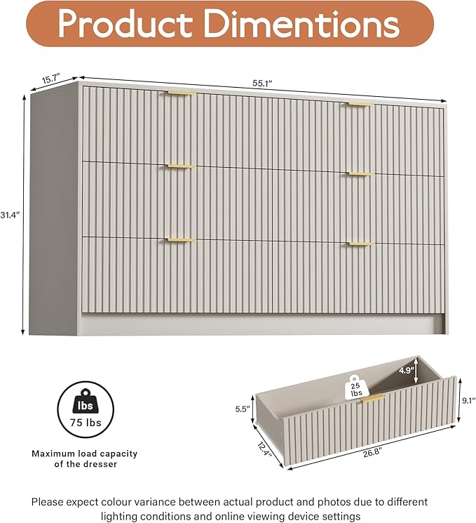 Beige Dresser for Bedroom, Modern Dresser with 6 Drawers and Smooth Slides, Wide Chest of Drawers with Golden Handles for Bedroom, Living Room, Closet, 15.7" D x 55.1" W x 31.4" H
