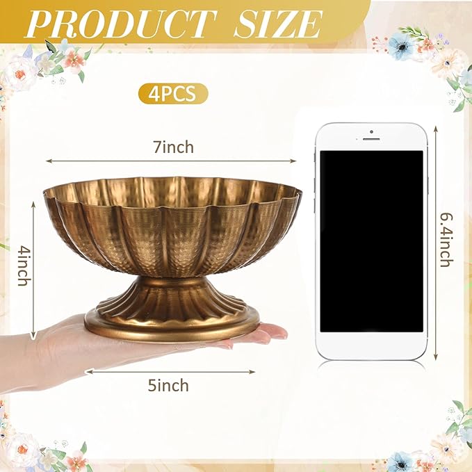 4 Pcs Metal Compote Bowl for Centerpiece Flower Holder Small Compote Vase Indoor Outdoor Flowers Fruits Plant for Christmas Wedding Home Party Decoration (Medium,Gold Bronze)