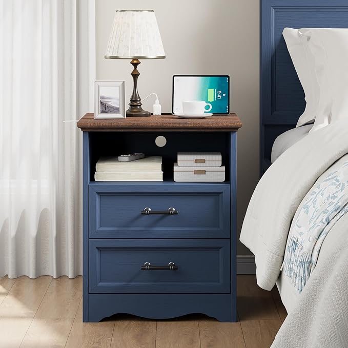 19.7" Nightstand with Charging Station, Farmhouse End Table with 2 Drawers Storage, Blue Wooden Night Stand, Bed Side Table with Open Shelf, Bedside Cabinet for Bedroom, Living Room