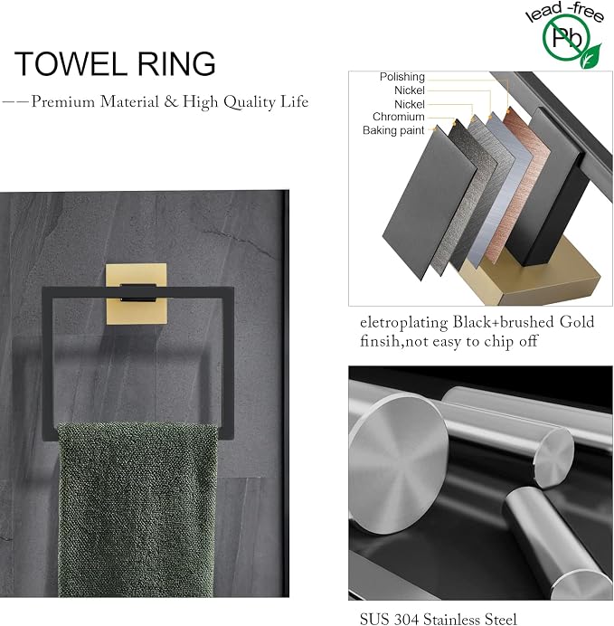 5 Pieces Bathroom Hardware Accessories Set Black and Gold Towel Bar Set,Wall Mounted Stainless Steel,23.6 Inch