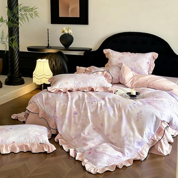 HighBuy Girl Floral Ruffled Duvet Cover Queen,Boho Floral Lace Brushed Cotton Bedding Coquette,Shabby Vintage Duvet Cover Set French Farmhouse Bedding Cooling Breathable for Hot Sleepers