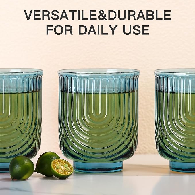 JOVGANK Blue Vintage Glassware Set of 6-14Oz Blue Water Drinking Glass, Art Deco Ripple Highball Glass, Whiskey Cocktail Glasses, for Bar Ice Coffee Juice, Housewarming Gifts and Mother's Day Gift