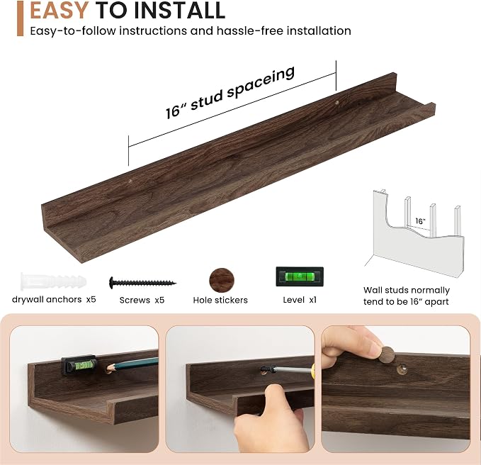 Dreamland Picture Ledge Shelf for Wall, Floating Shelves Set of 2, 32 Inch Long Floating Shelves with Lip for Living Room, Bedroom, Bathroom, Kitchen, Walnut