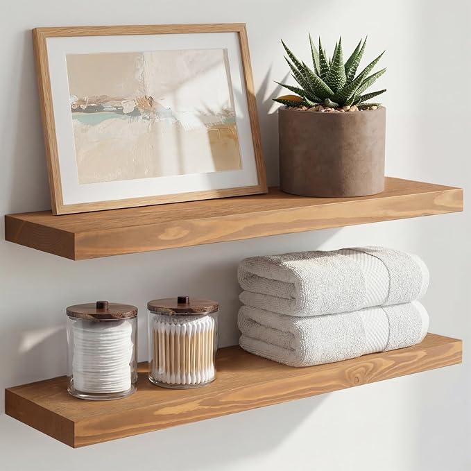 Homeforia 24 inch Golden Oak Floating Shelf, High End Solid Real Wood 24inch Small Floating Shelves for Wall Mounted, Oak Wooden 24in Floating Shelves, Heavy Duty Bracket, 24 X 6.5 X 1.75 in, Set of 4