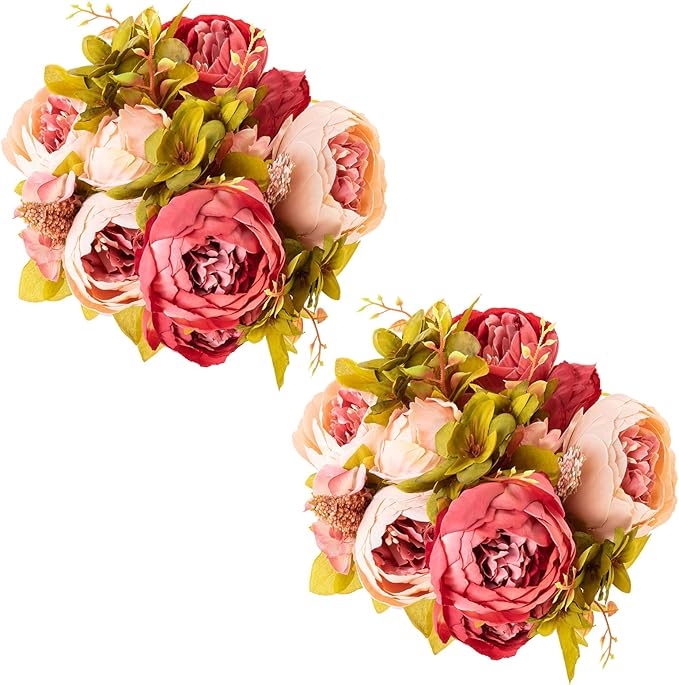 Fule 2 Pack Large Artificial Peony Silk Flower Bouquets Arrangement Wedding Centerpieces (Dark Pink)