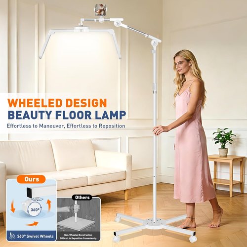 KIRKAS LED Half Moon Floor Lamp - Adjustable Brightness Esthetician Light with Rolling Base & Phone Holder | Craft White