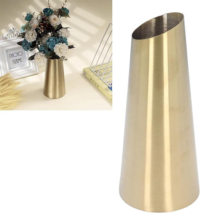 Tall Vase for Flowers, Gold Vase 304 Stainless Steel Conic Shape Narrow Mouth Simple Modern Style Desk Vase for Fireplace Bedroom Kitchen Living Room Centerpieces Office Desk, 7.80in