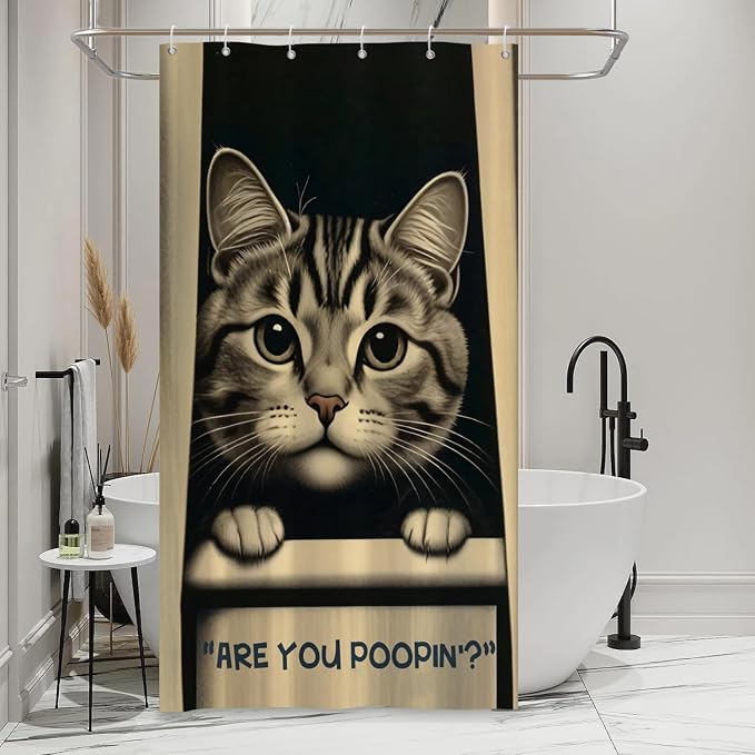 Cat Shower Curtains Cute are You Poopin' Funny Humorous Animal Whimsical Bathroom Curtain Curious Joke Cat Shower Curtain Sets for Bathroom Extra Long 54x72 in with 10 Hooks