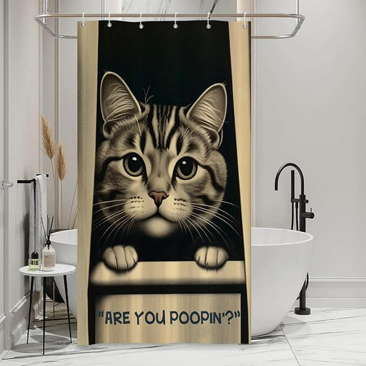 Cat Shower Curtains Cute are You Poopin' Funny Humorous Animal Whimsical Bathroom Curtain Curious Joke Cat Shower Curtain Sets for Bathroom Extra Long 36x72 in with 6 Hooks