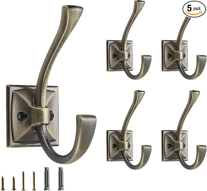 5 Pack Decorative Heavy Duty Towel Hooks for Hanging Robe Double Brushed Antique Brass Coat Hooks Wall Mounted with Screws for Key, Towel, Bags, Cup, Hat
