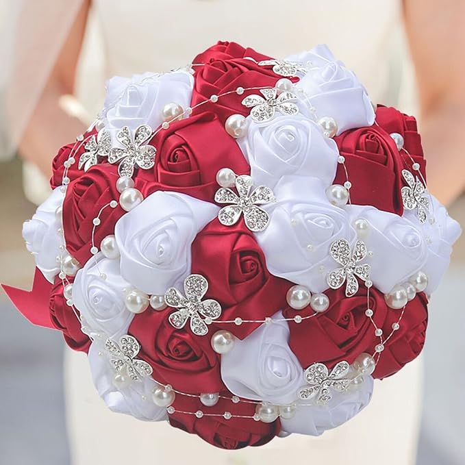 S_SSOY Customizable Romantic Wedding Bouquets Silk Flowers Bridal Holding Roses Bride Bridesmaid Brooch Bouquet with Pearl Diamond Crystal Ribbon Valentine's Day Free Corsage (Wine Red+White)