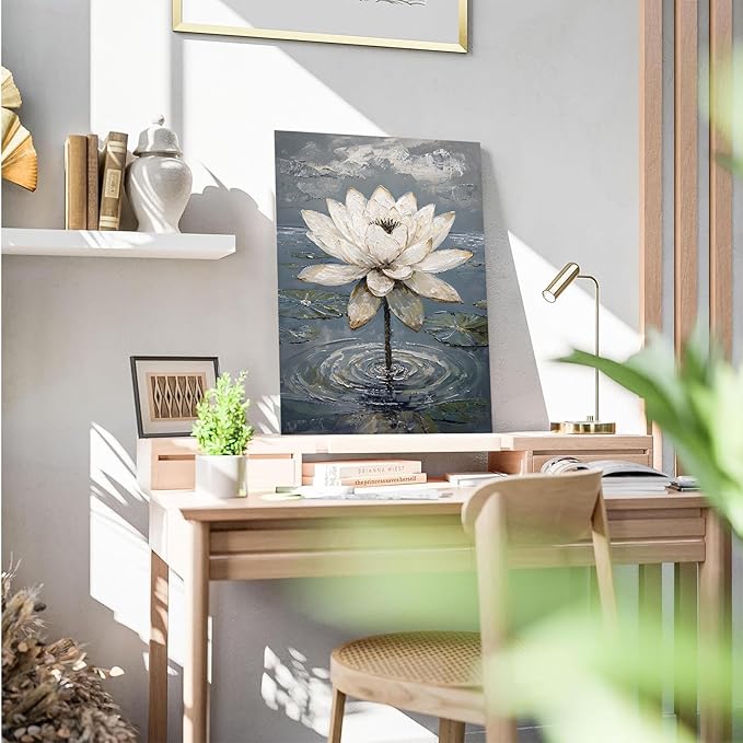 Stunning white lotus emerges from prismatic water with delicate petals background Serene aquatic wall art suitable for modern minimalist decor 28x40in Frameless