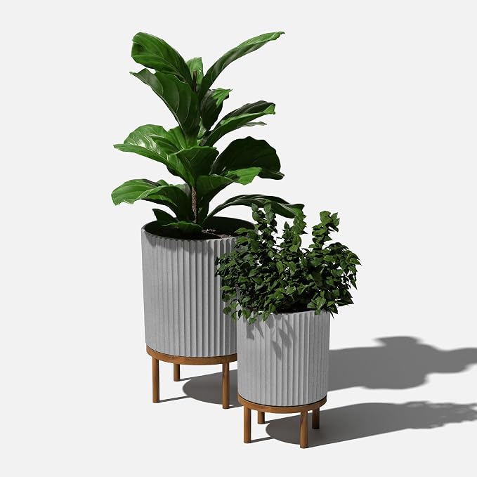 Veradek Demi Series Round Planter w/Stand for Porch/Patio | Durable Plastic-Stone Composite & Wooden Stand | Modern Décor for Tall Plants, Flowers