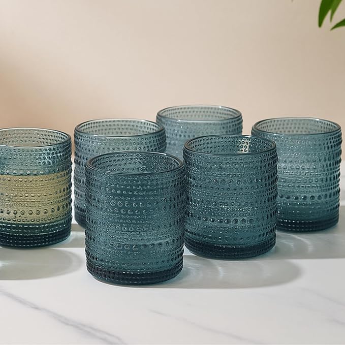 Blue Hobnail Drinking Tumbler | Set of 6 | 11 OZ Bubble Design Vintage Glassware, Beverage Glasses Bubble Water, Wine, Old Fashioned Cocktail, Whiskey Rocks Glass Cup, Elegant Glassware Gifts For Home