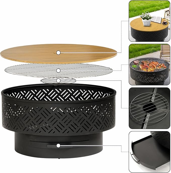 OutVue 26" Wood Burning Fire Pits with Grill & Lid, Fire Pit Table for Outside with Waterproof Cover & Fire Poker, Outdoor Firepit with Functions for BBQ,Table and Bonfire