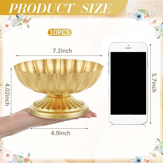 10 Pcs Metal Compote Bowl for Centerpiece Flower Holder Small Compote Vase Indoor Outdoor Flowers Fruits Plant for Christmas Wedding Home Party Decoration (Medium,Bright Gold)