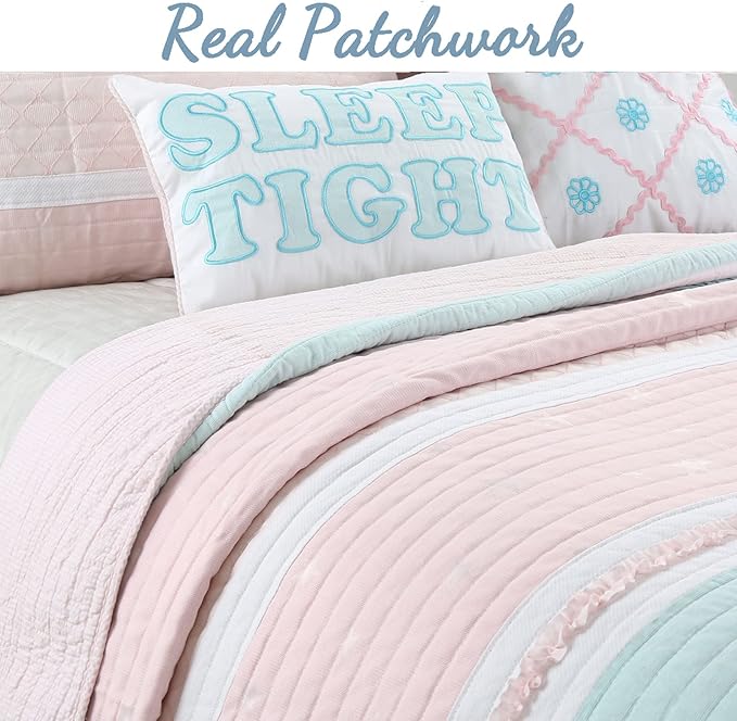 Cozy Line Home Fashions Light Pink Blue Ruffles Girl 100% Cotton Reversible Quilt Bedding Set, Coverlet, Bedspread (Candy, Queen - 3 Piece: 1 Quilt + 2 Shams)