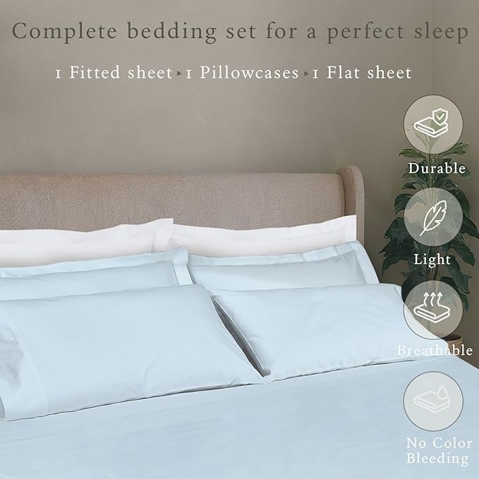 Threadmill Cotton Twin XL Sheets Set, Soft 100% Cotton, Cooling Bed Sheets with Deep Pocket Snug Fit Elastic, 500 Thread Count, 3-Pc, Hotel Quality Bed Sheets, Beats Egyptian Cotton Claim, Light Blue