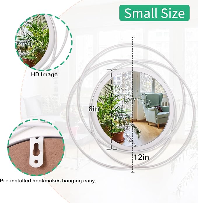 Wall Mirror Mounted Round Decorative Mirrors with Iron Metal Wire Frame Mirror for Wall, Home Decorative Bathroom Vanity, Living Room or Bedroom White Small 12"