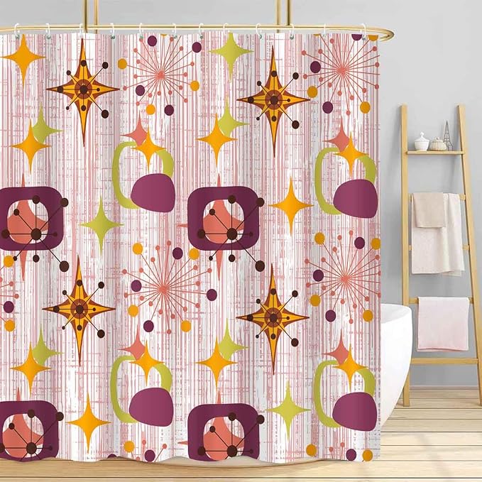 Mid Century Shower Curtain, 72x84inch, Modern Abstract Retro Red Striped Geometric Shower Curtain Sets 1950s Boho Bathroom Shower Curtain with 12 Hooks