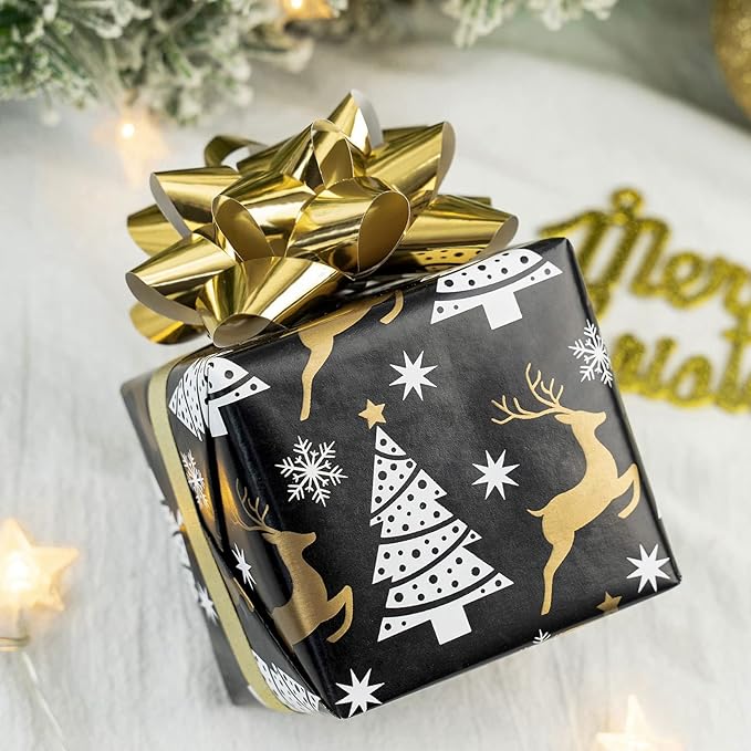 MAYPLUSS Christmas Reversible Wrapping Paper - Mini Roll - 17 Inch X 32.8 Feet- Black Gold Reindeer Design (47.3 sq.ft.ttl)