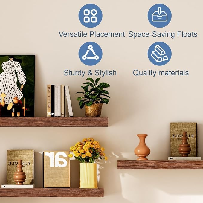 Floating Shelves, Walnut-Like Wooden Set of 3 Wall Mounted Bathroom Shelves Over Toilet, Modern Small Hanging Shelves for Bedroom Living Room Kitchen Rustic Home Decor, 12" x 7" x 1.5"