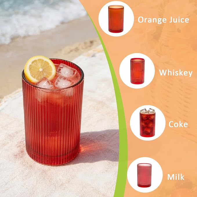 18 oz Ribbed Drinking Glasses Set of 6, High Clear Vintage Iced Coffee Cups Elegant Glassware, Highball Glass Cups Ridged Glass Tumbler for Cocktail, Whiskey, Beer, Water, Juice, Origami Style Red