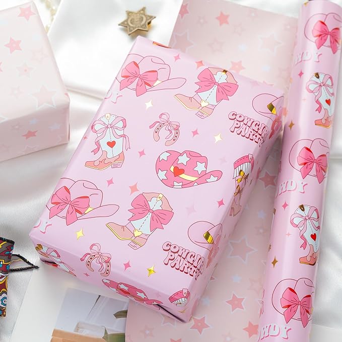 Homeral Pink Cowgirl Wrapping Paper Roll - 17In x 32.8Ft Reversible Gift Wrap with Western Boots Hat Cherry Pattern for Girls Birthday, Baby Shower, Cowgirl Party, Western Theme, Holiday Crafts