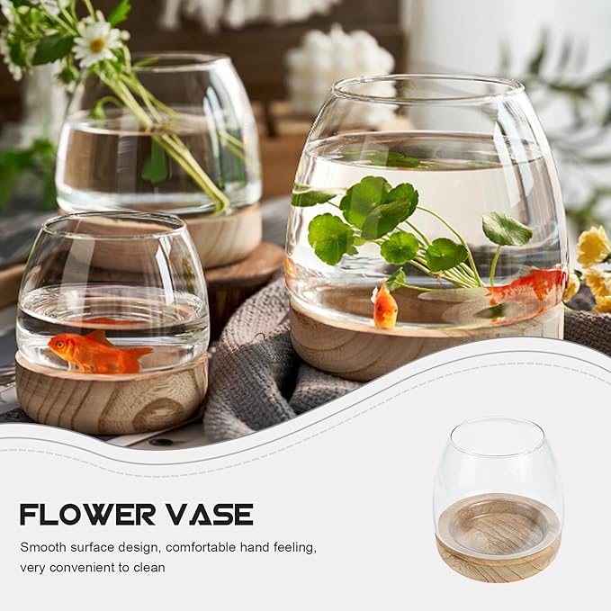 FAVOMOTO Hydroponic Flower Vase with Wooden Base Transparent Glass Micro Landscape Bottle for Desktop Decoration Premium Glass and Wood Material for Home Office Study Plant Display