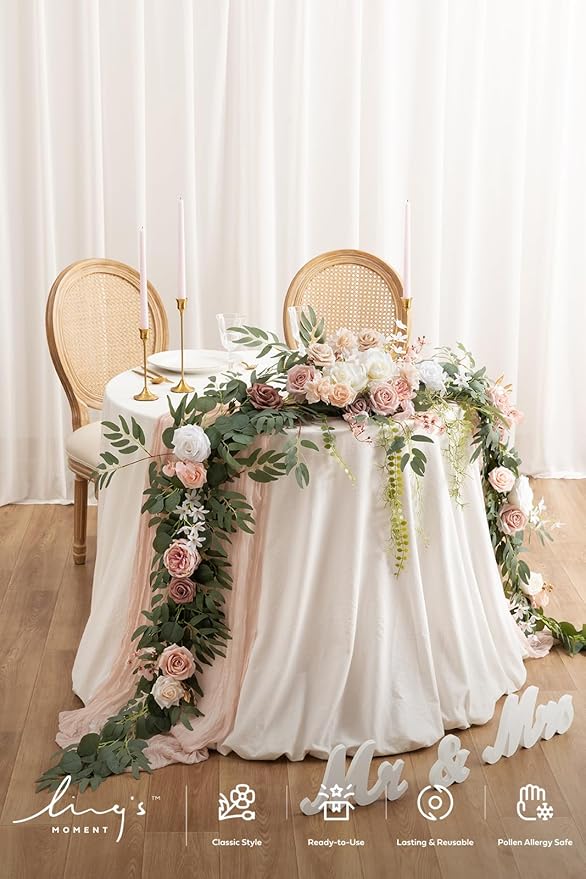 Ling's moment 9FT Spring Flower Garland for Backdrop Decorations - Wedding Arch Flowers, Eucalyptus & Rose, Artificial Floral Garland for Mantle - Sweetheart Table Decor for Reception, Dusty Rose