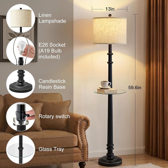 EJIAXIN Floor Lamp with Table - 60" Resin Farmhouse Floor Lamps for Living Room with Adjustable Color Temperatures - Vintage Standing Lamp Reading Light Retro Tall Lamp for Bedroom Office, Black