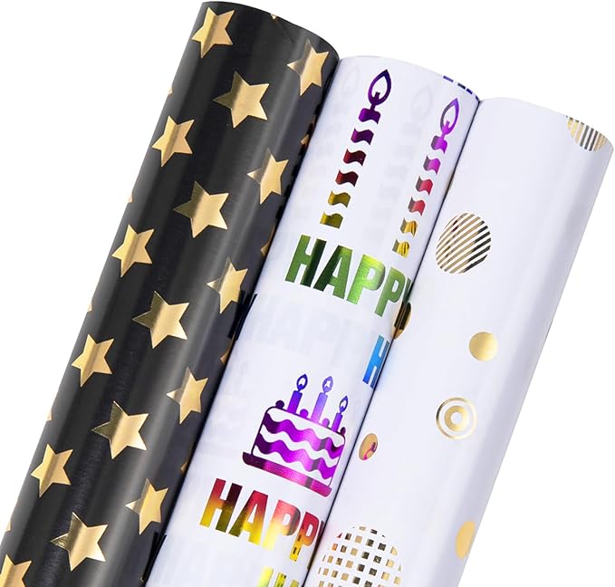 Linnoptimix Birthday Wrapping Paper Rolls -3 LARGE ROLL-27inch*78 inch per roll Colorful Foil White Black wrapping paper(Birthday 1 White/Gold&1 Black/Gold &1White/Colorful Foil（013）)