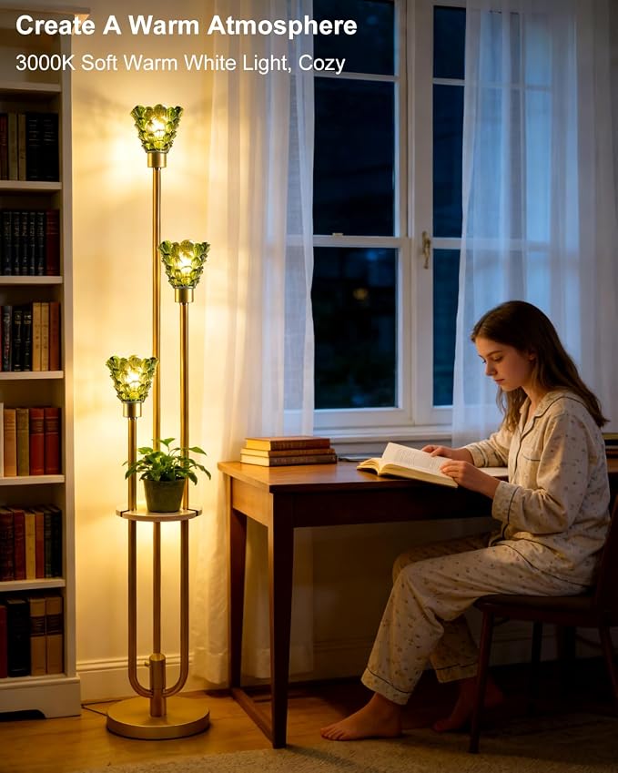 Lightdot Green Glass Floor Lamp with Shelf, 63IN Mid Century Modern Gold Standing Lamps with 3 3000K Soft Warm White Bulbs Included, Floor Lamp with 5Lbs Heavy Base for Living Room/Wedding/Office
