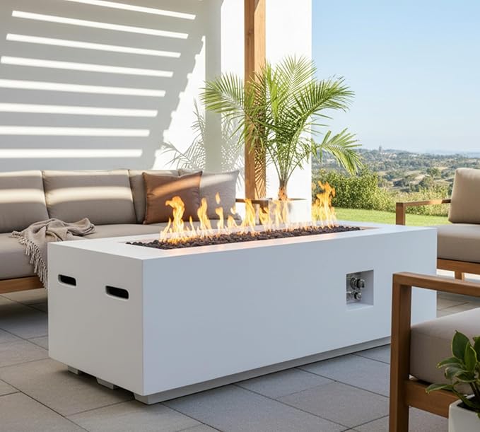 HillAethel 60-Inch Rectangular Outdoor Gas Propane Fire Pit Table,60,000 BTU Light Concrete Fire Table with Waterproof Cover, Tank Seat,Free Lava Rocks, for Outside Patio Backyard,White